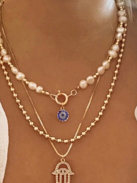 Jewelry - Gold 1pc Rhinestone Evil Eye Hamsa Hand Charm Layered Necklace
